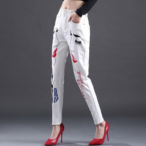 Winter Fleece Warm Pencil Pants Women High Waist Elastic White Jeans Office Ladies Printed Harem Denim Pants Casual Trousers