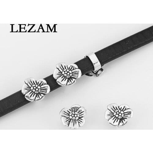 10pcs Antique Charms Abstract Flower Zamark Slider Spacer For 10*6mm Licorice Leather Cord Jewelry Findings Accessories
