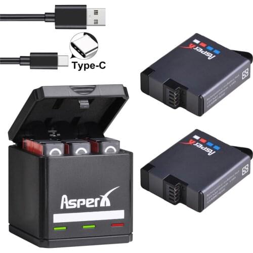 AsperX 2pc battery for Gopro Hero 8 7 Black Hero 6 Hero 5 battery+USB Triple Charger with Type C Port for GoPro Hero7 6 5 Camera