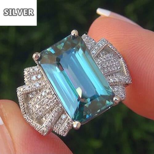 Boho Female Ocean Blue Zircon Stone Ring Cute Luxury 925 Silver Love Wedding Jewelry Promise Engagement Rings For Women