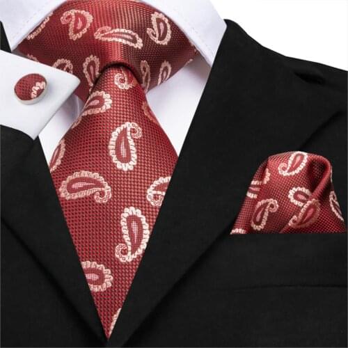 C-3124 Hi-Tie Luxury Silk Men Tie Paisley Red Necktie Handkerchief Cufflinks Set Fashion Mens Party Wedding Tie Set 8.5cm