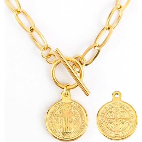 Stainless Steel Saint St Benedict Coin Toggle Necklace For Women Gold/Silver Color Metal Medallion Chunky Chain Toggle Choker