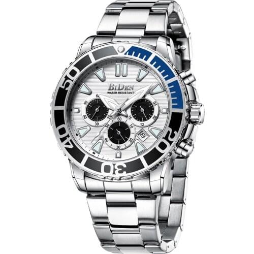 Fashion Men Casual Watches Silver White Stainless Steel Calendar Sport Military Males Watch Blue Glass BIDEN Brand Clock