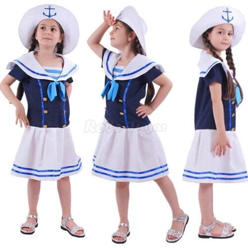 Cute Girls School Uniform Cosplay Halloween Party Childrens Day Performance Dress + Hat Outift Kids Navy Sailor Uniform C46M254