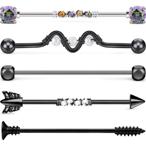 JFORYOU 5pcs 14G Stainless Steel Industrial Barbell Earrings Body Piercing Jewelry 38mm 1&1/2 Inch Industrial Piercing Bar