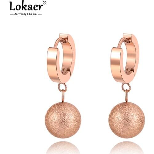 Lokaer Fashion Frosted Ball Hoop Earrings For Women Girls Rose Gold Titanium Stainless Steel Party Earrings Jewelry E19221