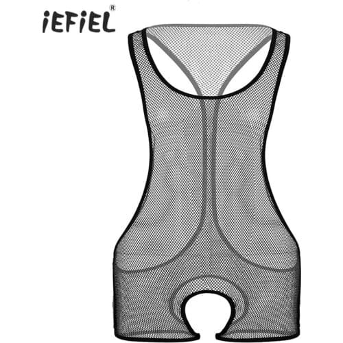 Men Exotic See Through Sheer Fishnet Bodysuit Open Crotch Lingerie Catsuit Sleeveless Wrestling Singlet Leotard Fetish Nightwear