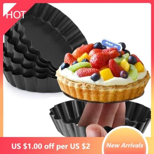 Set of 6 Non-Stick Tart Quiche Flan Pan Molds Round 4 Inch Carbon Steel Cake Baking Form with Removable Bottom Bakeware Tools