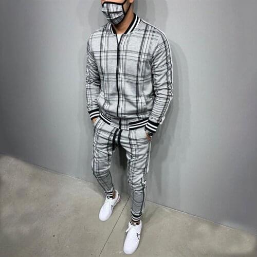 Autumn Men Tracksuit Sets Striped Plaid Jacket 2021 Fashion Casual Zipper Suits Undefined Trousers For Men Clothing New