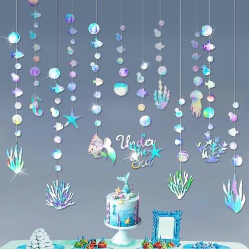 Iridescent Mermaid Banners Under The Sea Birthday Party Hanging Decorations Starfish Jellyfish Bubble Holographic Garlands Decor