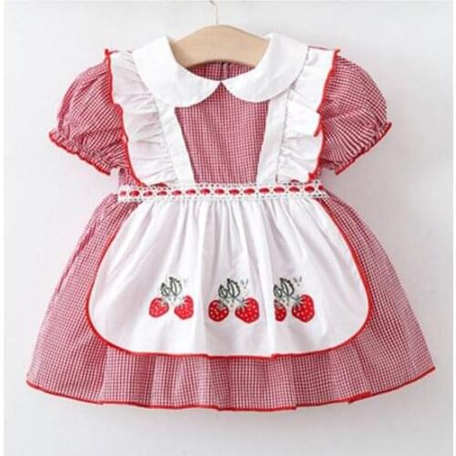 Girls Dress New 2021 Summer Baby Girls Short Sleeve Strawberry Grid Dresses Children Kids Girl Princess Dress Clothing