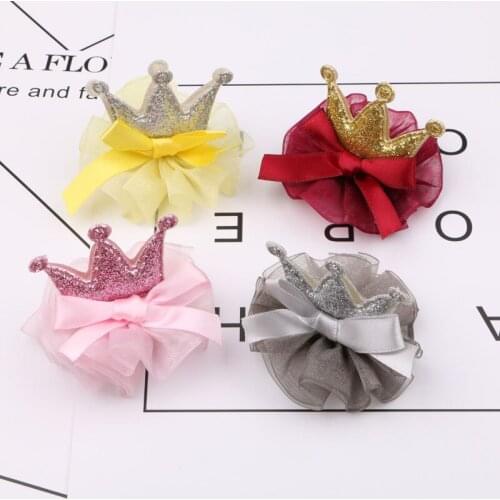 Newest 3pcs/lot Glitter Kawaii Crown patch with Chiffon Ribbon Knot Bow Decorated Girls Hair jewelry Headband Headwear Garment