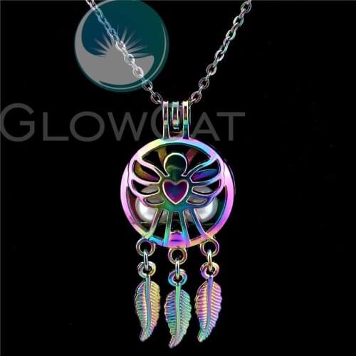 C826 Rainbow Color Angel Fairy Dream Catcher Beads Cage Perfume Essential Oil Diffuser Oyster Pearl Cage Locket Necklace