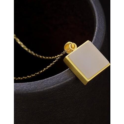 Silver inlaid natural Hetian jade Square Pendant Necklace Chinese style retro unique sand gold craft womens brand jewelry