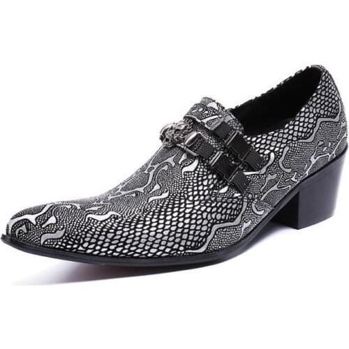 Trend New Fashion Mens Leather Height Increase Shoes Casual Pointed Toe Leather Shoes Personality Snake Pattern Leather Shoes