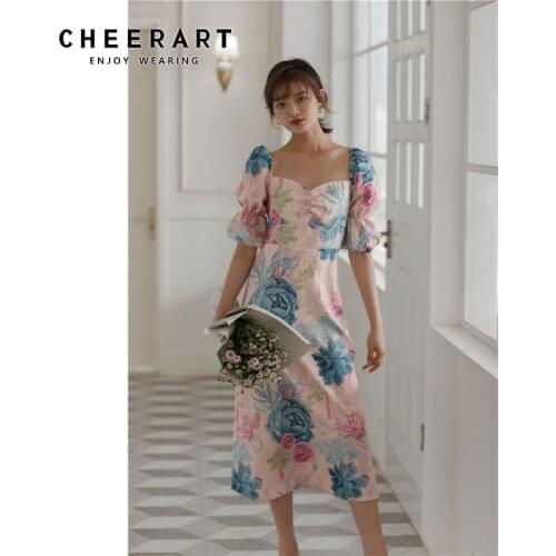 CHEERART Vintage Pink Floral Print Puff Sleeve Long Midi Dress Women Elegant Backless Short Sleeve Strapless Summer Dress 2020