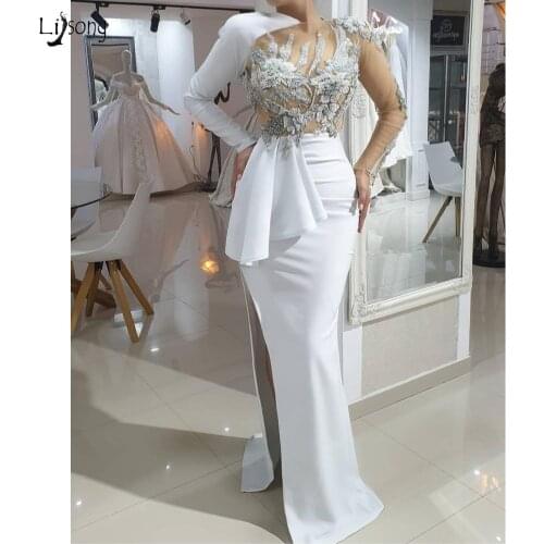 High End White Floral Appliques Beaded Evening Dresses 2020 See Thru Full Sleeves Prom Gowns Sexy High Side Split Formal Dress
