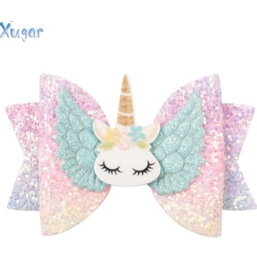 Xugar Hair Accessories Hair Bows for Girls Shiny Glitter Hair Clips 3'' Cute Elk Unicorn Hairpins Kids Princess Hair Accessories