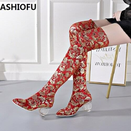 ASHIOFU Handmade Womens Wedding Party Boots Sexy Sewing Thigh High Boots Fashion Winter Dress Evening Long Boots Shoes
