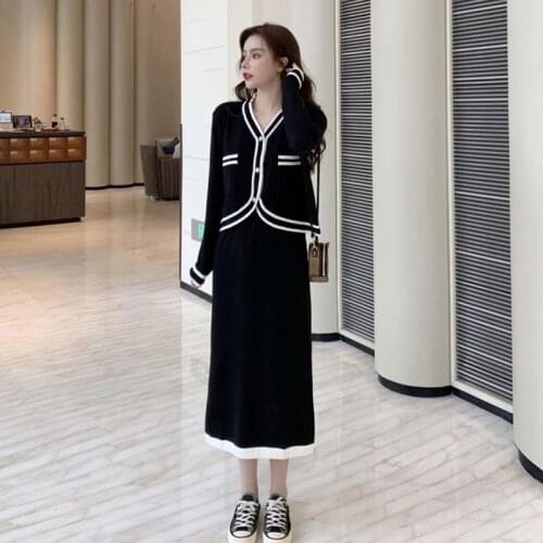 Womens Autumn Knitting Two Piece Set Elegant V-Collar Hit Color Cardigan Coat+Chic Elastic Half Body Skirt Casual Sweater Suit