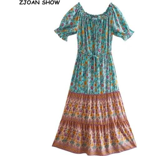 Bohemia Floral print Adjust Lacing up Slash Collar BOHO Dress Summer Holiday Woman Short Sleeve Bandage Waist Long Dress Beach
