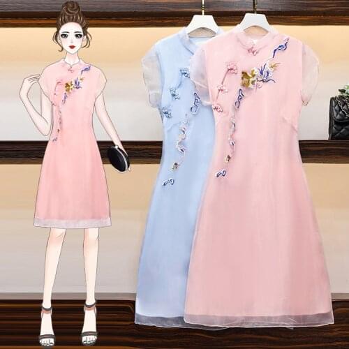 Plus Size M-4XL Vintage Chinese Qipao Casual Party Women A-line Dress Short Sleeve Summer Embroidery Pink Blue Cheongsam Dresses