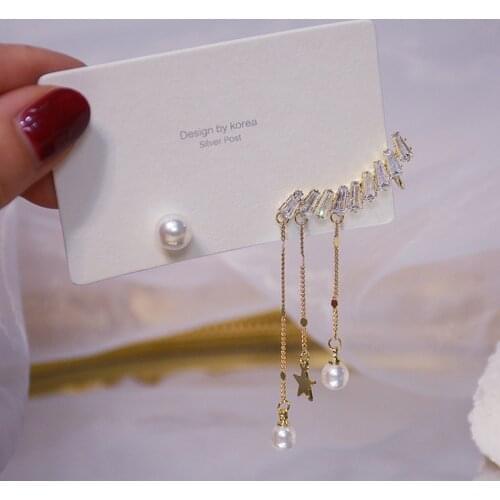 Asymmetric Star Pearl Tassel Earrings for Women Luxury Jewelry Ear Bone Clip Micro-inlaid High Quality Zircon S925 Needle Party