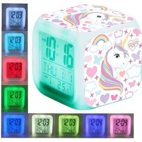Alarm Clock Light Unicorn LED Change Digital Color Multi-Function Bedroom Kids Glowing Electronic Clock for Children Gift