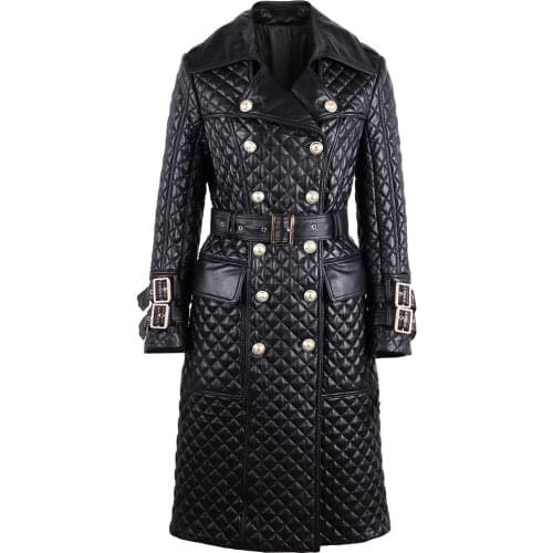 YOLOAgain women genuine leather trench ladies double breasted long real leather coat