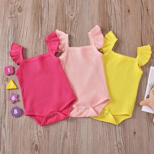 0-18M Baby Summer Clothing Newborn Infant Baby Girls Ribbed Solid Ruffled Sleeveless Jumpsuit Bodysuit Outfits