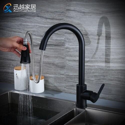 Black Kitchen Faucet Pull Down Single Handle Chrome-Plated Copper Sink Hot And Cold Water Mixer Taps Deck Mounted