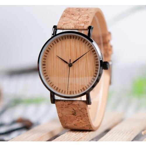 Men Watch BOBO BIRD Mens Bamboo Wristwatch Stainless Steel Case Bamboo Dial Quartz Watch Natural Cork Band orologi donna V-E19