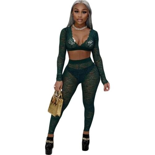 2021 Summer Womens New Products Fashion Ladies Sexy Lace V-neck Suit Two-piece Trousers Womens Tops Set
