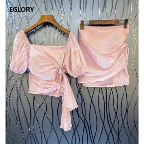 New Arrival Womens Set 2021 Summer Sexy Party Club Suit Ladies Sweetheart Pink Tops Blouse+Pleated Mini Bodycon Skirt Sets 2pc