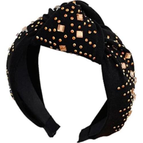 New Full Crystals Decorated Wide Headband for Women Solid Fabric Head Band Hot Drill Rhinestones Knot Hairband Ladies Hair Hoop