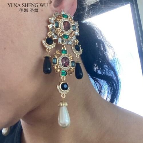 New Bohemian Vintage Punk Colorful Crystals Dangle Drop Earrings Imitation Pearls Fine Rhinestone Jewelry Accessories For Women