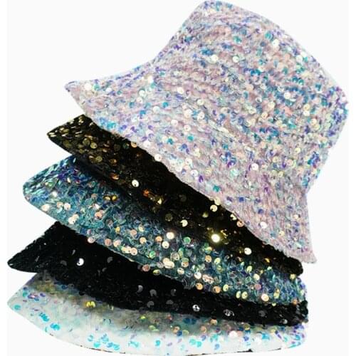 Bucket Hat for Woman Glitter Sequins Cotton Cap Spring Summer Flat Fisherman Hats Hip Hop Casual Fashion Sunscreen Hat 2021 New