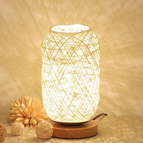Bedside LED Table Lamp Rattan Lampshade Wood Base Modern USB Powered Rustic for Household Bedroom Ornaments