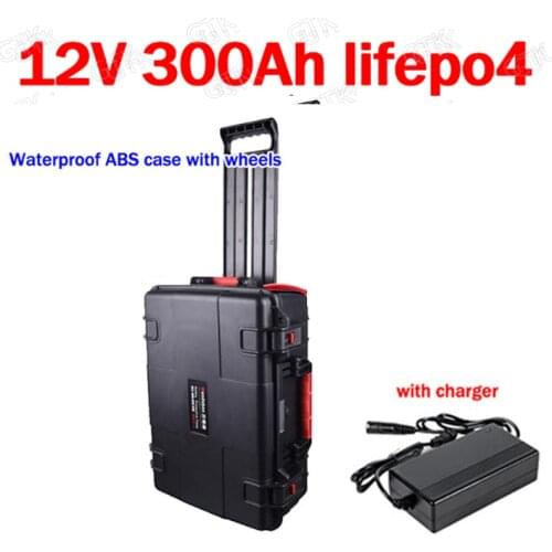 GTK waterproof 12V 300AH Lifepo4 battery lithium BMS with wheel trolley case for boat Solar System golf cart EV UPS +20A Charge