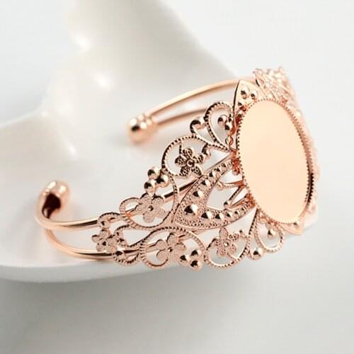 High Quality 18x25mm Rose Gold Color Plated Bangle Base Bracelet Blank Findings Tray Bezel Setting Cabochon Cameo L1-16