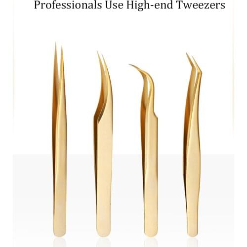 High End Professional Stainless Steel Eyelashes Tweezers For Eyelashes Extension Makeup Tools Gold Decor Anti-static Tweezer