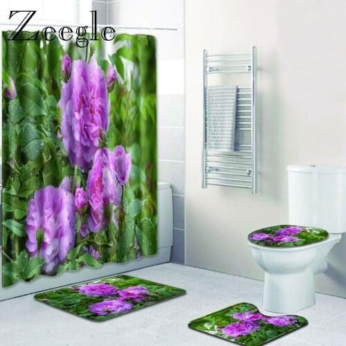 Zeegle Floral Printed Shower Mat Microfiber Bath Mat Non Slip Bathroom Rug Toilet Mat 4pcs Set Toilet Rug Shower Carpet Foot Mat