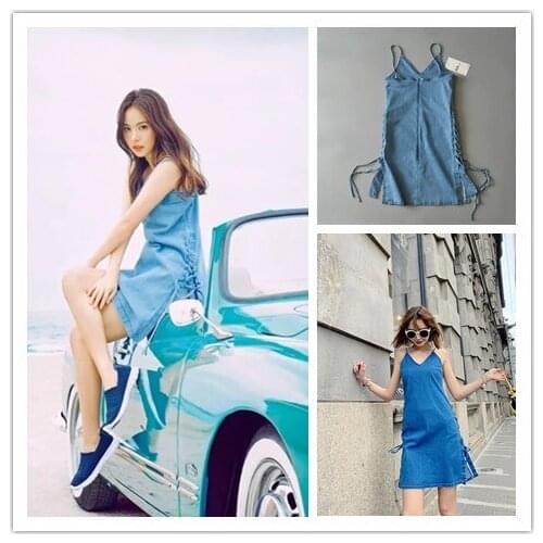 Kpop TWICE EXO GOT7 same Summer new Women Slim sexy blue sling Denim Dress lady fashion Party Club Bandage mini Strap dresses