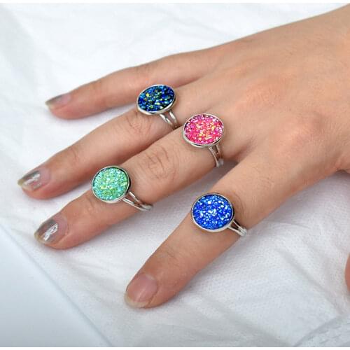 Trendy Druzy Stone Finger Rings For Women Silver Color Wedding Party Blue Green White Round Resin Open Ring Adjustable Jewelry