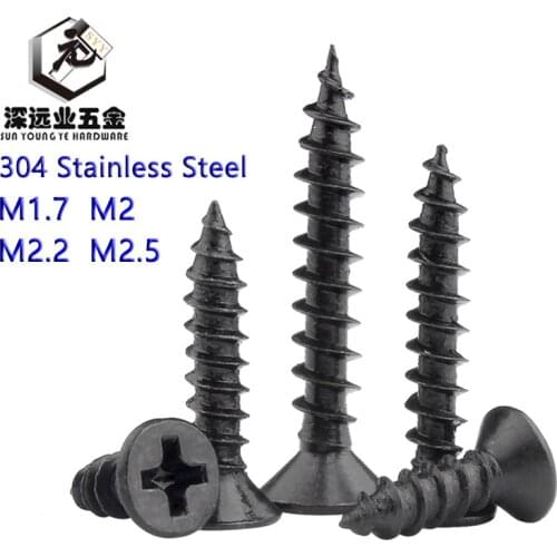 100pcs M1.7M2 M2.2 M2.5 SS304 With Black Zinc Plating Cross Recessed Flat Head Countersunk Self-tapping Phillips Flat Wood Screw