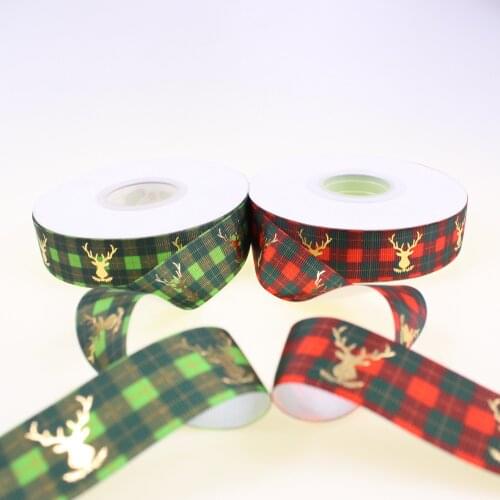25mm heat transfer&gold foil printed antler grosgrain ribbon for Christmas decoration,25/50/100 yards per lot