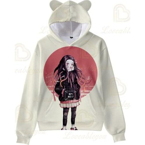 3D Print Kimetsu no Yaiba: Mugen Ressha-Hen Demon Slayer Cosplay Hoodie Hooded Cat Ear Jacket Halloween Party Pullovers