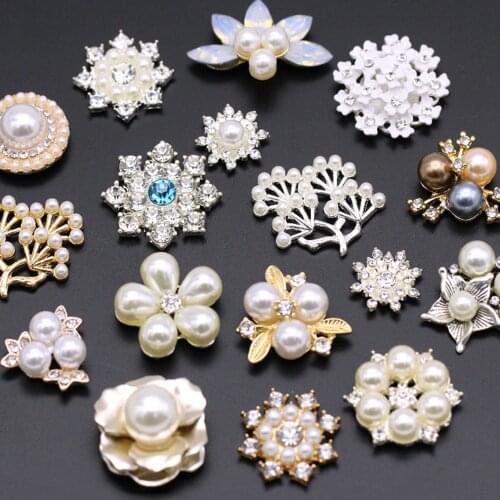 5/10Pcs Flower Rhinestone With Pearl Crystal Flat Back Gems Gold/Sliver Base Pearl Rhinestone Button Sewing Accessories For Bows