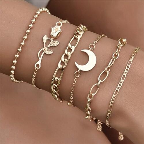 6pcs / Set Bohemian Rose Gold Color Flower Moon Bracelet Set Fashion Link Chain Beads Trendy Bracelets For Women Jewelry Gifts