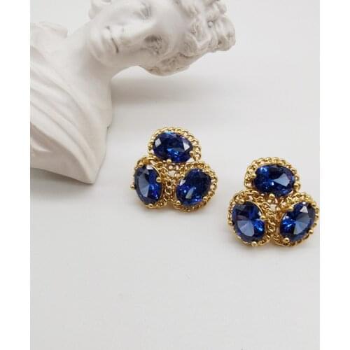 European and American retro triangle Blue Zircon hollow oval earrings earrings simple temperament mixed color Earrings